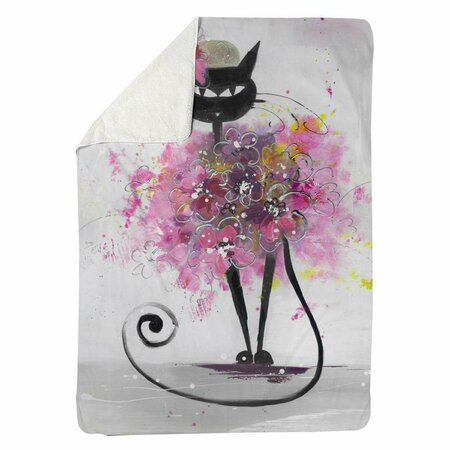 BEGIN HOME DECOR 60 x 80 in. Cartoon Cat with Pink Flowers-Sherpa Fleece Blanket 5545-6080-AN30